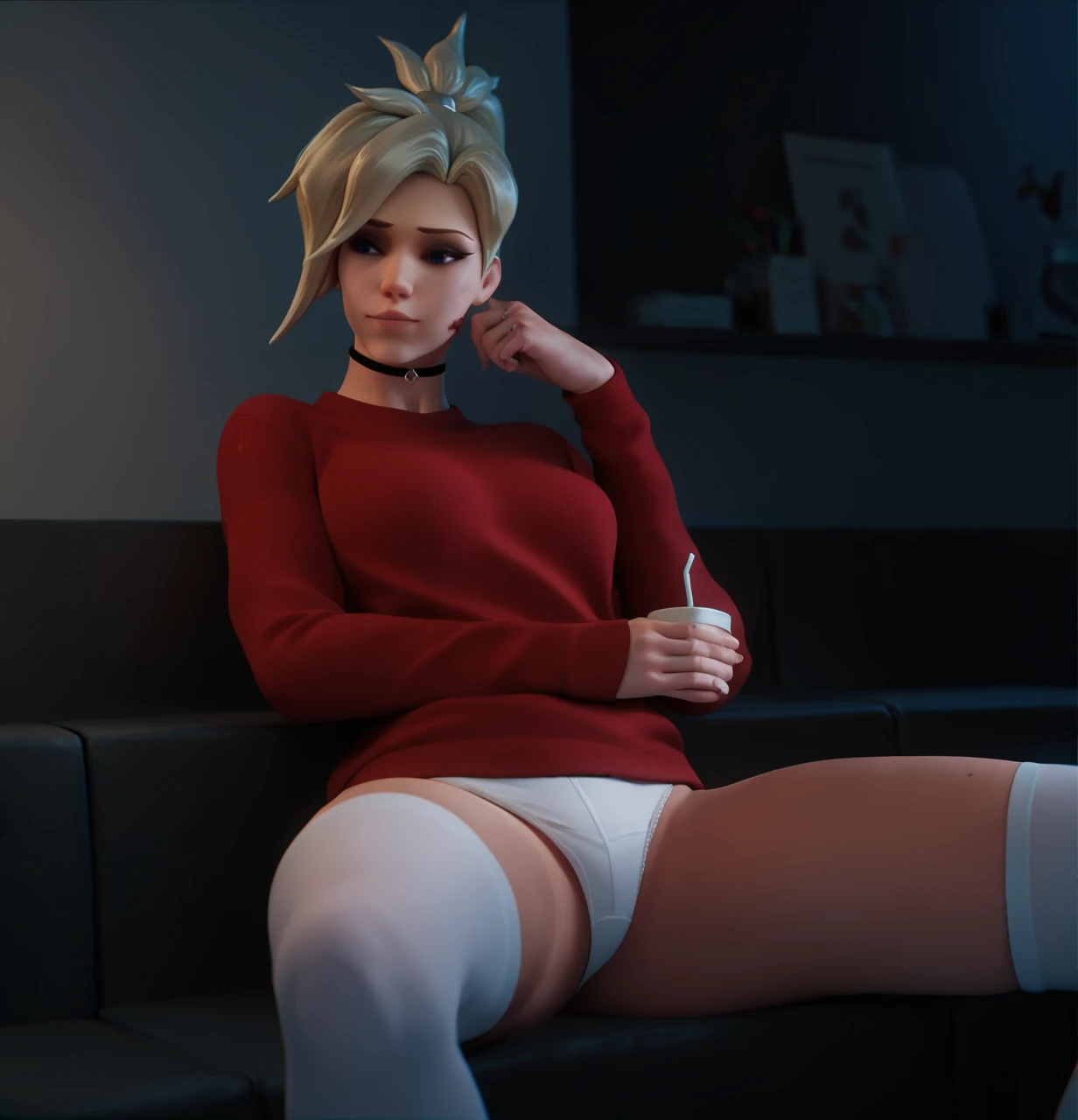 score_9,score_8_up,score_7_up,score_6_up ,source_overwatch score_9, score_8_up, score_7_up,  1woman, solo, mercy \(overwatch\), high quality, at home, sitting and thinking, red sweater, panty, spreaded legs