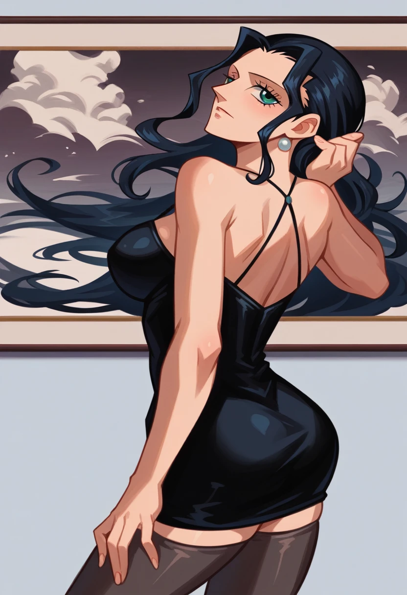 there is a woman in a black dress standing in front of a painting, in style of digital illustration, digital art of an elegant, anime girl wearing a black dress, sultry digital painting, fully clothed. painting of sexy, nico robin, in style of digital painting, inspired by Asaf Hanuka, style digital painting, vector art style