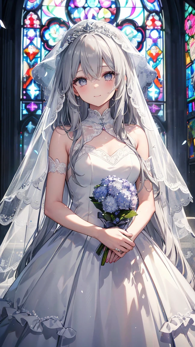 Very long hair、Gray Hair、Detailed sparkly eyes、Grey Eyes,smile、Embarrassing、Shine、reflected light、Film Grain、masterpiece、Textured skin、Super detailed、High detail、high quality、最high quality、High resolution、16K、Shine、church,Veil,Wedding dress、Race,Frills,Hydrangea,Stained glass