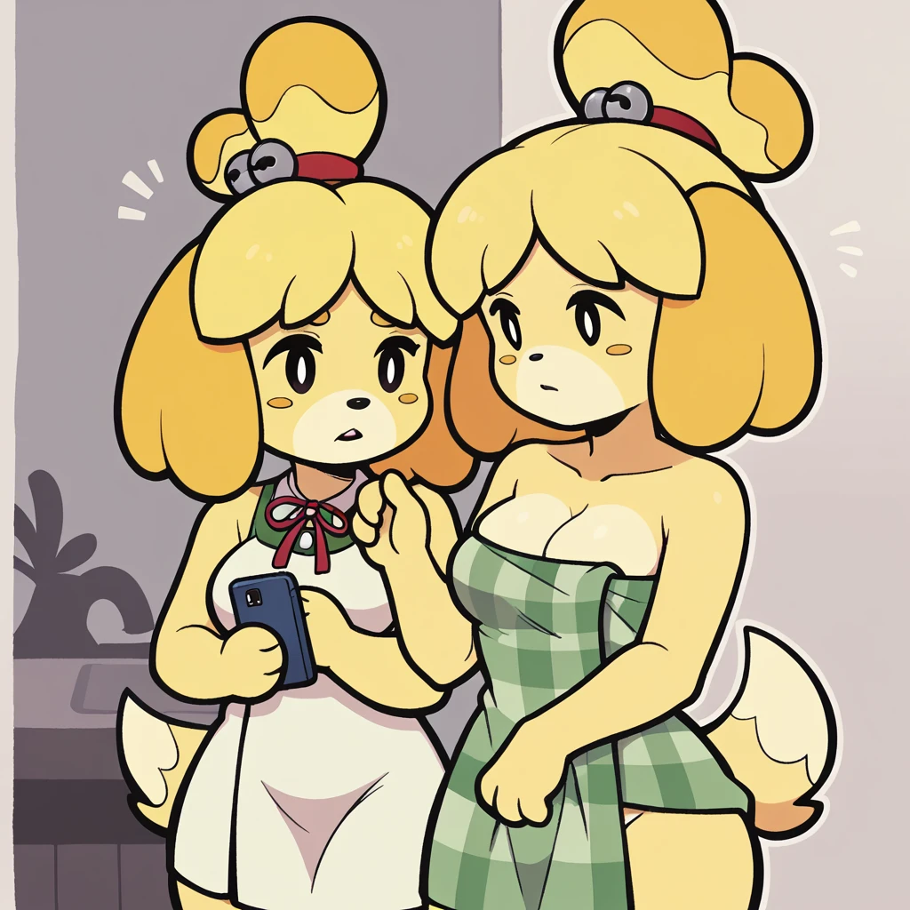 score_9_presence, score_8_up, isabelle, animal crossing, wrapped in towel, medium breasts, holding phone