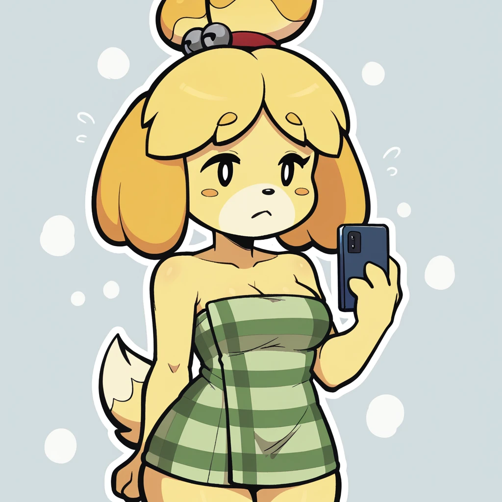 score_9_presence, score_8_up, isabelle, animal crossing, wrapped in towel, medium breasts, holding phone