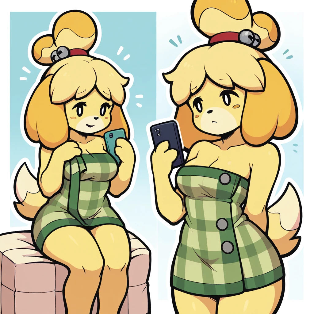 score_9_presence, score_8_up, isabelle, animal crossing, wrapped in towel, medium breasts, holding phone