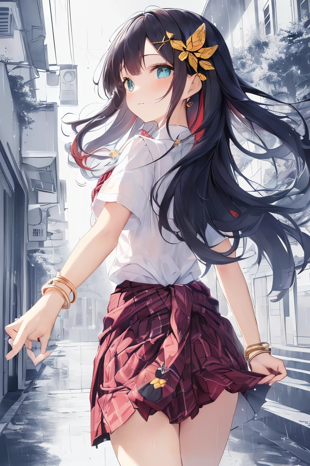 (masterpiece, high detail, high quality model, perfect face, 1 cute girl, 22 year old girl, long black hair, Elemental Magic, slut, dynamic, beautiful eyes, Golden Bracelet ,cleavage , (school uniforms:1.3), (white solid-color clothes around waist:1.5), (knot on waist:1.3), (white collared-shirt:1.4), (white collar, unbutton, short sleeve:1.2), (red plaid-pattern pleated-skirt:1.3), ((necklace, colorful bracelet, X hair ornament):1.2),, perfect hands and fingers, (rainy, dancing at street), guaranteed, , (School Scene),break (((Skirt fluttering in the wind))), (back arms:1.2), (facing the front), (facing the front)