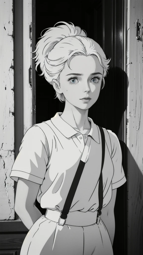 (8k, RAW photo, best quality, masterpiece), ultra high resolution, (realistic, photo-realistic), 1girl, emotionless, solo, monochrome hair, blue ocean eyes, professional lighting, detailed lighting, backlight, depth of field, natural lighting, sharp focus, two meter shooting distance, professional photo shoot, detailed eyes, realistic eyes, detailed shadow, cg game, cosplay, sports clothes,  suspenders, upper body, white clothes, exterior, crown