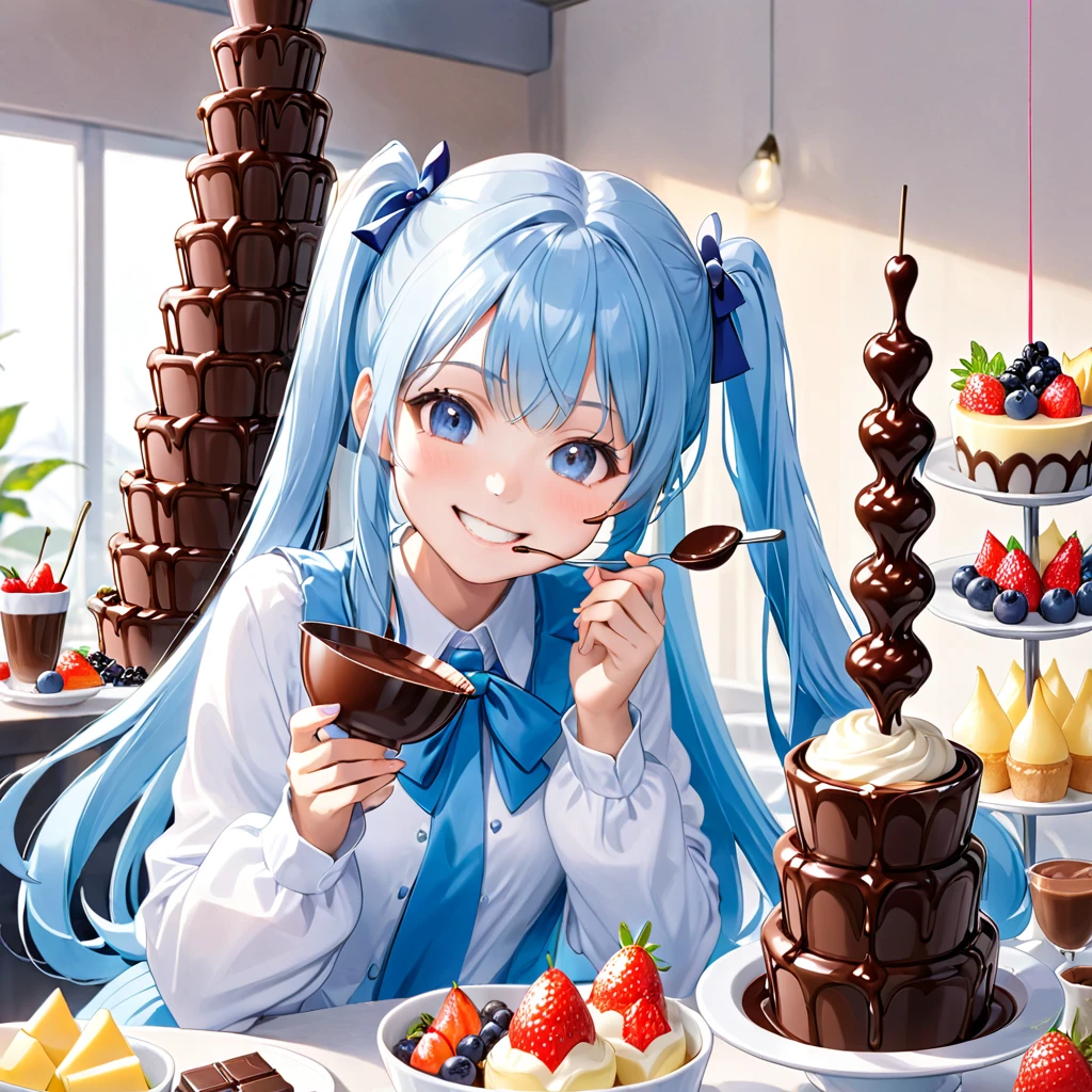 Light blue long hair、Beautiful girl with twin tails、Enjoying a large chocolate fondue tower、Bright smile
