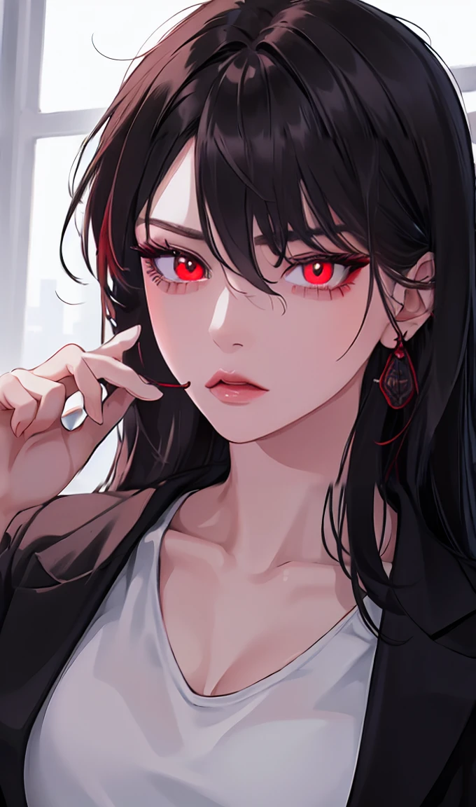 1girl, portrait, earrings, solo,lips, female focus, red eyes, looking at viewer, black hair, long hair, closed mouth, Cigarette in the mouth