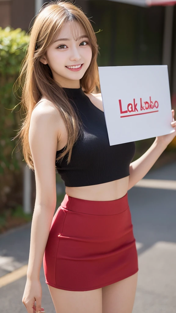 Highest quality, shape, Very detailed, finely, High resolution, 8k wallpaper, mini skirt,Holding a sign that says TOKI LABO,whole body ,Beautiful and beautiful eyes,one piece, Blonde,Sexy look,Natural color lip, Random sexy poses,smile,Beautiful teeth,20-year-old girl,Random background