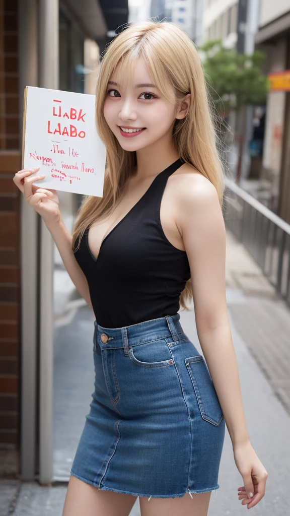 Highest quality, shape, Very detailed, finely, High resolution, 8k wallpaper, mini skirt,Holding a sign that says TOKI LABO,whole body ,Beautiful and beautiful eyes,one piece, Blonde,Sexy look,Natural color lip, Random sexy poses,smile,Beautiful teeth,20-year-old girl,Random background