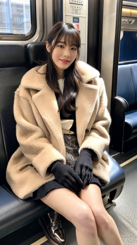 A full-body photo of a mature Japanese gal high school girl with flashy hair wearing a cute fur coat with leather shoes and shiny, thin, short black leather gloves,sitting cross-legged,Five fingers,Inside the train,Voyeur,Heavy makeup face eyeshadow,mascara,cross the her legs,Ultra-detailed face, open eyes,((Legs crossed)).Smelly short black socks, Ultra Mini Skirt,She looks at the photographer with an inviting expression.,School Bags,This photo was taken in daylight with soft lighting..、sitting in a subway train seat.。. This photo was taken by someone on their cell phone..、Apparently it was posted on Snapchat.。. 