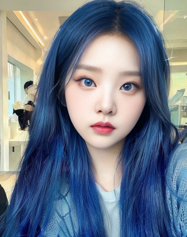 a close up of a person with blue hair and a blue shirt, South Korean popular makeup, ulzzang, with blue skin, Popular Korean makeup, pale korean adorable face, sky blue straight hair, Sakimichan, cruel korean gothic girl, color blue, with blue hair, jaeyeon nam, 8k)), blue hairstyle, rico color blue, korean girl