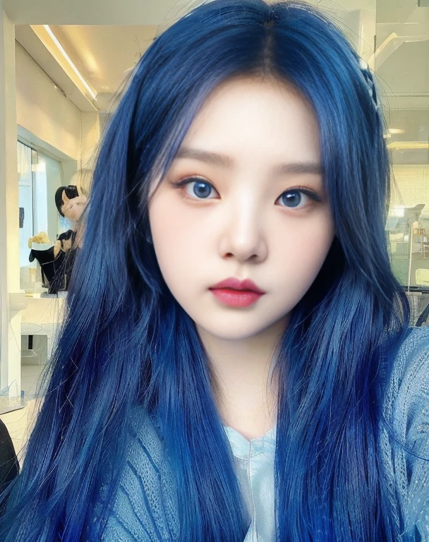a close up of a person with blue hair and a blue shirt, South Korean popular makeup, ulzzang, with blue skin, Popular Korean makeup, pale korean adorable face, sky blue straight hair, Sakimichan, cruel korean gothic girl, color blue, with blue hair, jaeyeon nam, 8k)), blue hairstyle, rico color blue, korean girl