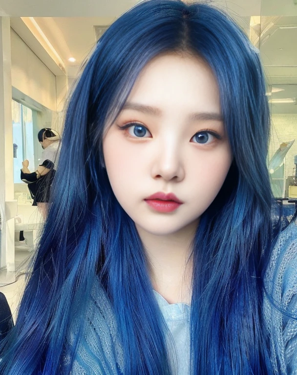 a close up of a person with blue hair and a blue shirt, South Korean popular makeup, ulzzang, with blue skin, Popular Korean makeup, pale korean adorable face, sky blue straight hair, Sakimichan, cruel korean gothic girl, color blue, with blue hair, jaeyeon nam, 8k)), blue hairstyle, rico color blue, korean girl