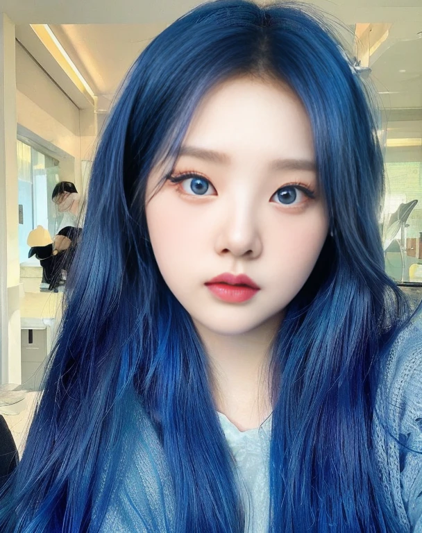 a close up of a person with blue hair and a blue shirt, South Korean popular makeup, ulzzang, with blue skin, Popular Korean makeup, pale korean adorable face, sky blue straight hair, Sakimichan, cruel korean gothic girl, color blue, with blue hair, jaeyeon nam, 8k)), blue hairstyle, rico color blue, korean girl