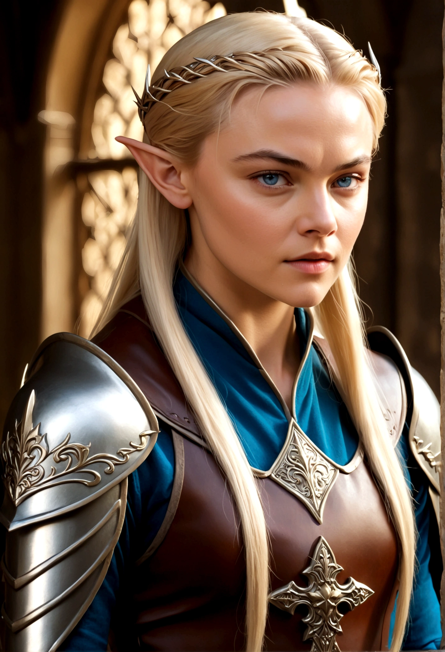 female, lesbian female, butch, masculine female, stud , lesbian, leonardo dicaprio but female, fantasy, medieval, blonde hair, blue eyes, elf ears, elven knight, royal, slick back hair, short hair, icey look, girl, woman, butch woman, elven ears, elven, elf, prince like, armor, medieval background, HD, inlove, handsome face, leonardo titanic movie, 1lesbian, solo, 1person, only one person.
