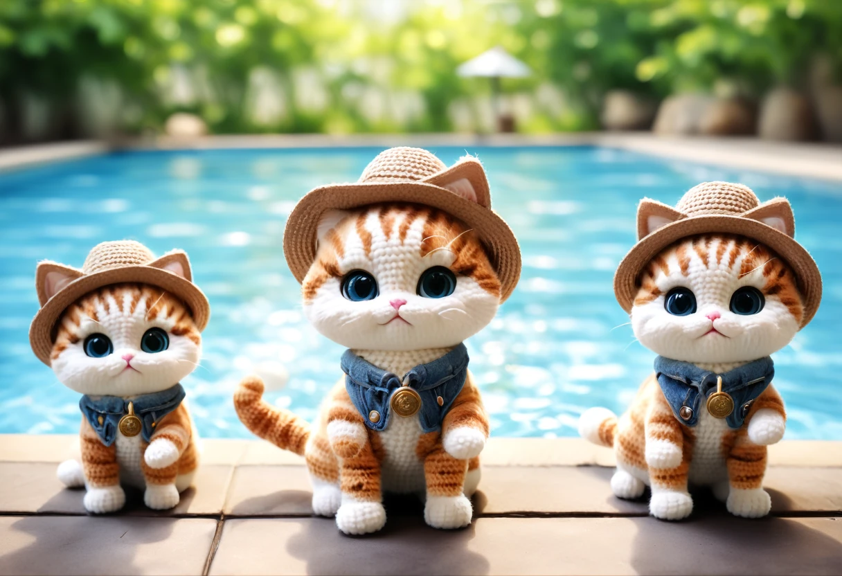 there are four Cat wearing hats and sunglasses on a pool, プールで遊ぶ子Catたち, 水の中で遊ぶ子Catたちが中心, 5匹の子Catが水に入って遊んでいる, 子Catは大きな丸い目で可愛らしい表情をしている, Pay attention to your swimming movements,Pay attention to the happy expressions,Tadashi Nakayama photo, Highest quality digital art, cute Cat, Cat , cuteness, cute 子Cat, On a sunny day, Cat, cowboy Cat, ah, 子Cat, Cat! Stay around, Cute and adorable, CatCatCat, Daylight Saving Time, Cute face, 3dCG