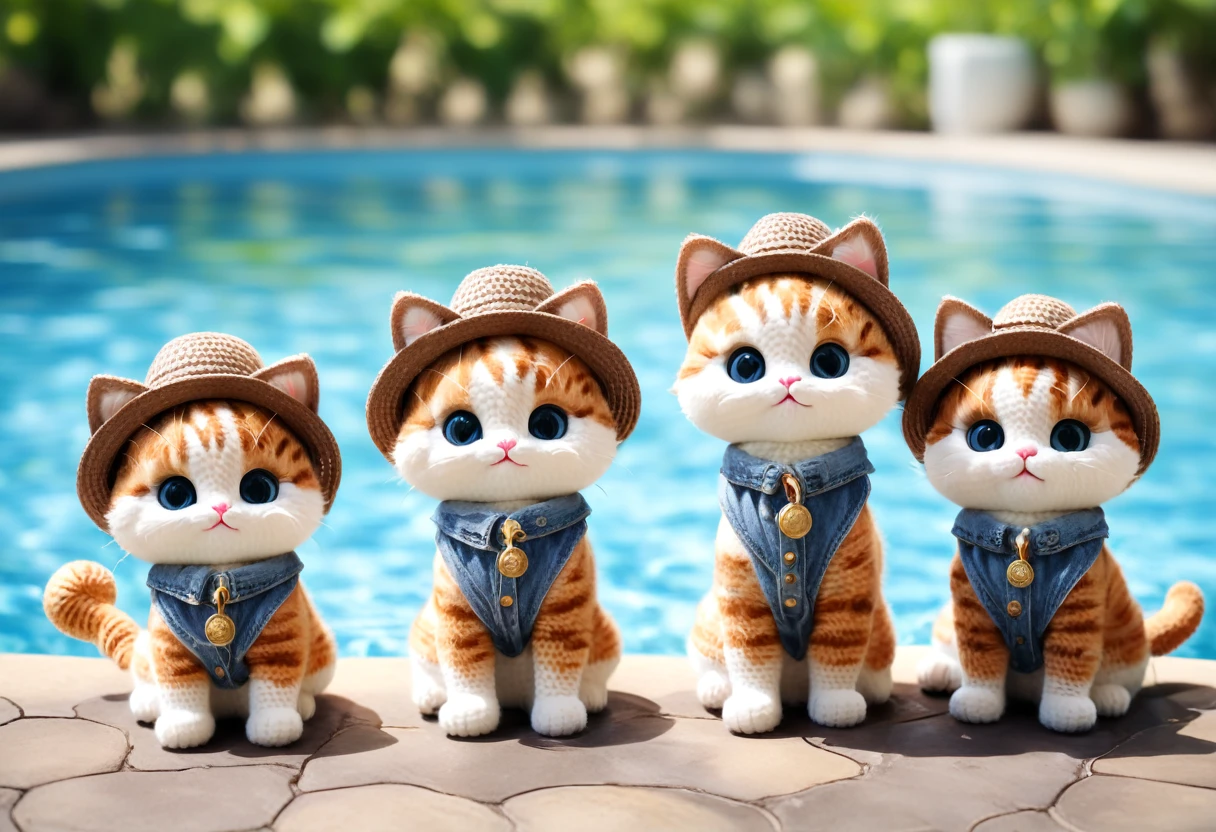there are four Cat wearing hats and sunglasses on a pool, プールで遊ぶ子Catたち, 水の中で遊ぶ子Catたちが中心, 5匹の子Catが水に入って遊んでいる, 子Catは大きな丸い目で可愛らしい表情をしている, Pay attention to your swimming movements,Pay attention to the happy expressions,Tadashi Nakayama photo, Highest quality digital art, cute Cat, Cat , cuteness, cute 子Cat, On a sunny day, Cat, cowboy Cat, ah, 子Cat, Cat! Stay around, Cute and adorable, CatCatCat, Daylight Saving Time, Cute face, 3dCG