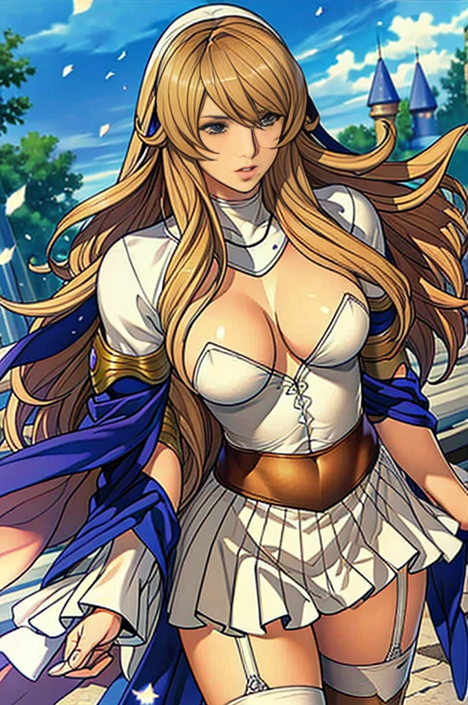 best quality, official art, masterpiece, textile shading, HDR, very detailed, colorful, best details, fantasy, battle suit,1 female, 25 years old, Lakeside with an old castle view,long hair, random hair, big breast, skinny,Surrounded by a large crowd:1.9、Confetti flutters、Blessed、cameltoe:1.3,