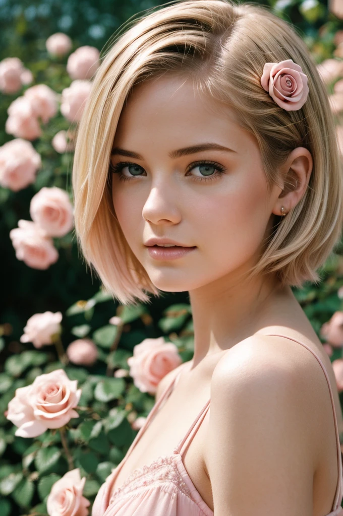8k, photo and gross, fujifilm, Style photography of a beautiful young girl like Avril in a light pink rose garden. (very detailed skin: 1.2) Style-Petal BREAK short hair, blonde hair with colored highlights, wearing a dress, film grain, 35mm, beautiful sexy style