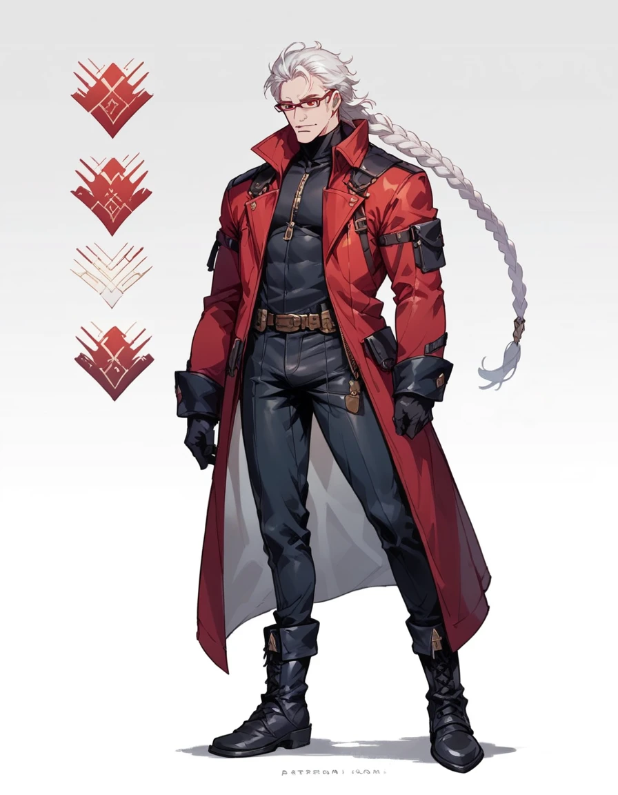 Concept ART ,human Male ,Clear Skin ,Red eyewear , white hair,long braided ,zip Red Coat , Full body , Black Gloves , Black boots ,