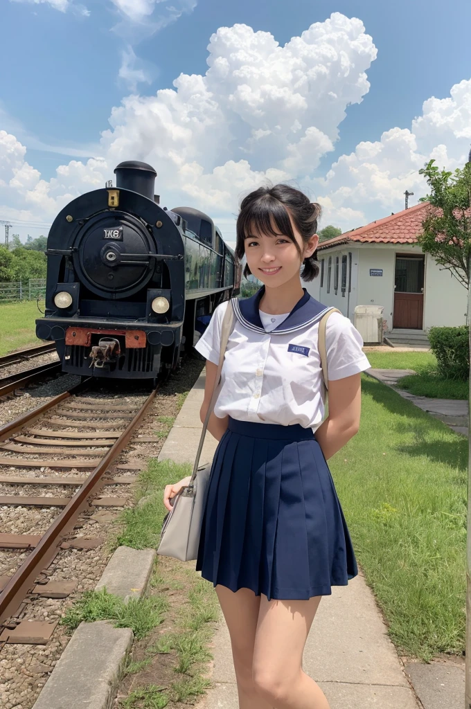 girls in rural railway station,train on far side,cumulonimbus cloud in summer sky,short-sleeved white shirt with sailor collar,navy blue pleated skirt,school bag,18-year-old,bangs,a little smile,thighs,knees,short hair with low pigtails bunches,from beside,front light