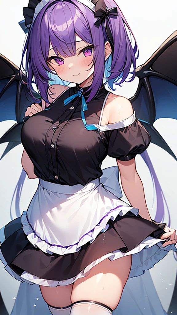 最high quality, high quality, Super detailed, 32k, Ultra-detailed details, Sister and maid, ( 立ってる, pretty girl, beautiful purple hair, ショートヘア, Beautiful purple eyes, Big Breasts, A light smile, Red eyes, Off-the-shoulder sleeveless Summer clothes, Summer casual maid clothes, Short skirt, Blue and white color striped underwear, Black knee socks, My crotch is wet with love juice, 18-year-old,cute), {{The succubus peels the skin off her sister&#39;s face, sticks it on her face, and seduces her by dressing her as a maid.}}, She has transformed from a shy maid into a lewd one., A maid with her sister&#39;s face stuck on her face is vigorously pistoning her body, A maid who moves her body vigorously without caring if her breasts bounce, Super detailed, Detailed sister photosが見える, Full body image, NSFW
