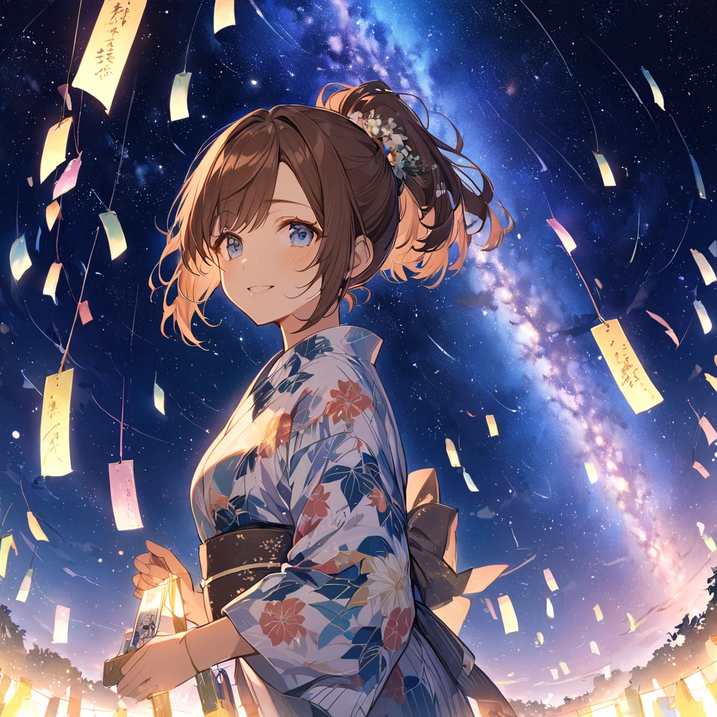 good looking, alone, 1 female, Medium Hair, Brown Hair, Pink highlights on the tips,Smile Facial,tanabata,milky way,yukata,Brown Hair,ponytail,Blue eyes