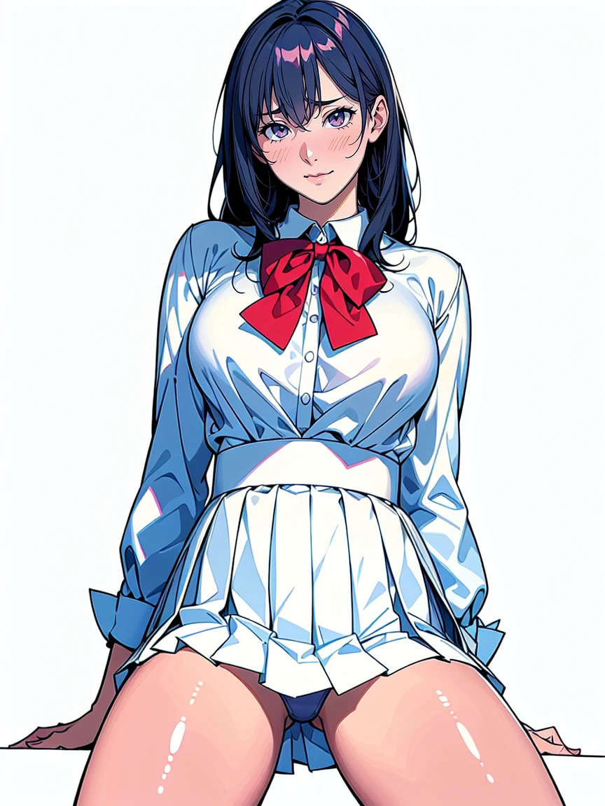 (Highest quality、Masterpiece、、Highest quality、Hyperrealism、Ultra HD)、(White polyester collared blouse:1.2)、(Navy Pleated Skirt:1.4)、( Red bow tie on chest:1.1)、Perfect Style、Perfect body line、Large Breasts、Slender body、Perfect beautiful anime style、Smooth anime CG art、(The simplest pure white background:1.1)、Sitting、Boldly exposed beautiful thighs、(Open your crotch to see your panties:1.1)、(Panties shot from below:1.1)、Embarrassed expression、blush、smile