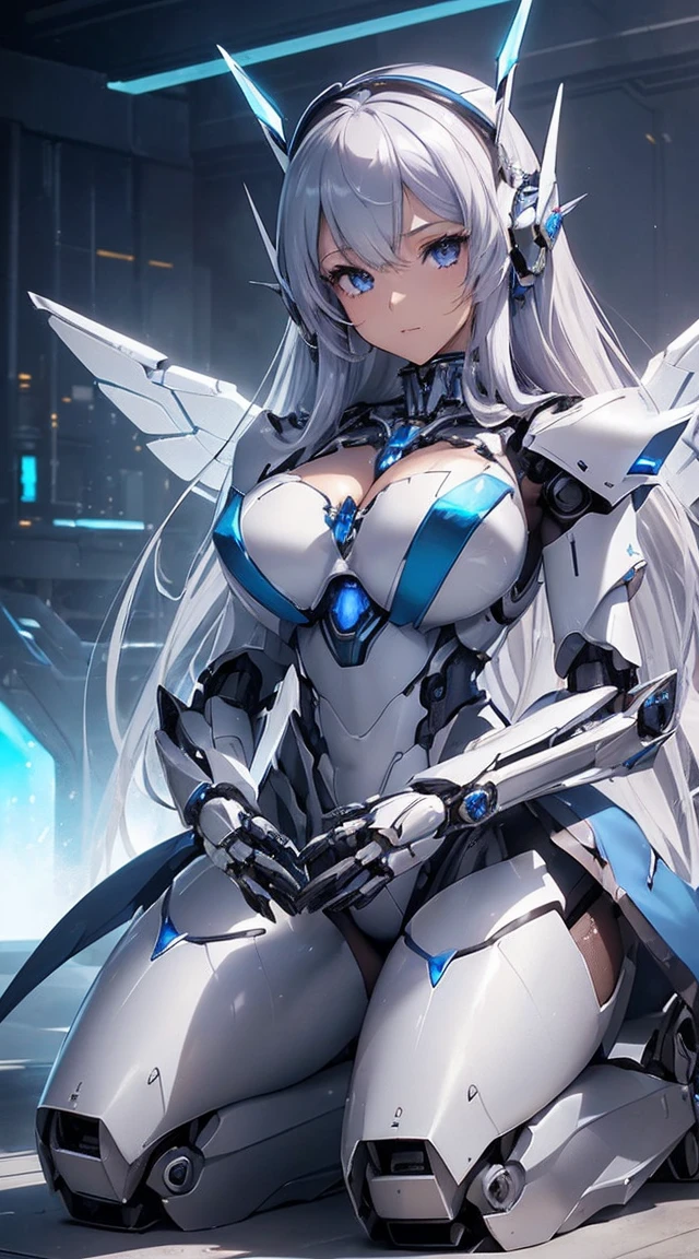 (Sit on one knee on the machine:1.6)、(Full body description:1.3)、((Shining lenses on both breasts:1.3))、((Blue pillars of light are emanating from both chests.:1.3))、smile、((8K)), ((32k)), ((Highest quality)), ((masterpiece)), ((超A high resolution)), ((Tmasterpiece)), ((Halation:1.4))、((Mechaニカルheadgear:1.2))、((Cyber Headphones:1.3))、Fine skin, High quality fabric, Fine metal texture、((Beautiful and dense face))、RAW Photos、Professional, Ultra-fine painting, ((alone)), Beautiful breasts、Highest quality, Very detailed, Very detailed詳細, Finer details, so beautiful, ((Princess Knight Robot:1.2)),  (Joints of machines, Mechanical Limbs:1.3), (The internal structure of the machine is exposed:1.3), (Long silver hair:1.1), (Beautiful and huge mechanical breasts)、White Veil, cowboy_shot, Side Focus, headgear, Shiny、(Five Fingers, Four fingers and thumb),Concept Art, Anime fantasy artwork, Detailed fantasy art, (with pale blue-violet hair and large white wings,,,,,,,), (((Long silver hair))), (Mecha:1.6)、Sleek and intimidating design, ((Commander-in-Chief&#39;arm)), (Perfect robot body)、純白と青紫armまたは, Symmetrical wings, 8K high quality, detailed art, 3D rendering of character art in 8K, neat legs, Defined, Defined fingers,