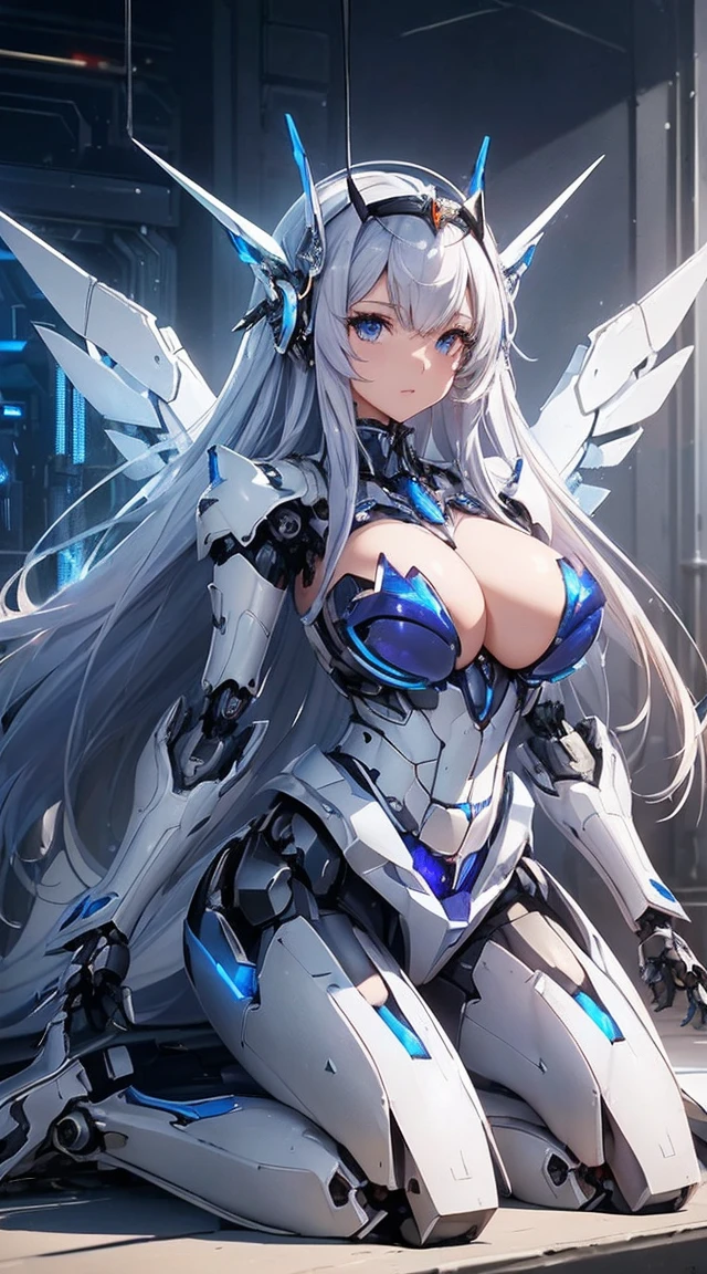 (Sit on one knee on the machine:1.6)、(Full body description:1.3)、((Shining lenses on both breasts:1.3))、((Blue pillars of light are emanating from both chests.:1.3))、smile、((8K)), ((32k)), ((Highest quality)), ((masterpiece)), ((超A high resolution)), ((Tmasterpiece)), ((Halation:1.4))、((Mechaニカルheadgear:1.2))、((Cyber Headphones:1.3))、Fine skin, High quality fabric, Fine metal texture、((Beautiful and dense face))、RAW Photos、Professional, Ultra-fine painting, ((alone)), Beautiful breasts、Highest quality, Very detailed, Very detailed詳細, Finer details, so beautiful, ((Princess Knight Robot:1.2)),  (Joints of machines, Mechanical Limbs:1.3), (The internal structure of the machine is exposed:1.3), (Long silver hair:1.1), (Beautiful and huge mechanical breasts)、White Veil, cowboy_shot, Side Focus, headgear, Shiny、(Five Fingers, Four fingers and thumb),Concept Art, Anime fantasy artwork, Detailed fantasy art, (with pale blue-violet hair and large white wings,,,,,,,), (((Long silver hair))), (Mecha:1.6)、Sleek and intimidating design, ((Commander-in-Chief&#39;arm)), (Perfect robot body)、純白と青紫armまたは, Symmetrical wings, 8K high quality, detailed art, 3D rendering of character art in 8K, neat legs, Defined, Defined fingers,