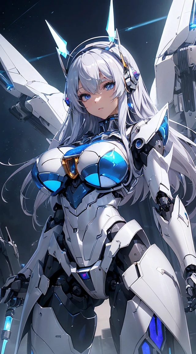 ((Intense action pose:1.6))、((Shining lenses on both breasts:1.3))、((Blue pillars of light are emanating from both chests.:1.3))、smile、((8K)), ((32k)), ((Highest quality)), ((masterpiece)), ((超A high resolution)), ((Tmasterpiece)), ((Halation:1.4))、((Mechaニカルheadgear:1.2))、((Cyber Headphones:1.3))、Fine skin, High quality fabric, Fine metal texture、((Beautiful and dense face))、RAW Photos、Professional, Ultra-fine painting, ((alone)), Beautiful breasts、Highest quality, Very detailed, Very detailed詳細, Finer details, so beautiful, ((Princess Knight Robot:1.2)),  (Joints of machines, Mechanical Limbs:1.3), (The internal structure of the machine is exposed:1.3), (Long silver hair:1.1), (Beautiful and huge mechanical breasts)、White Veil, cowboy_shot, Side Focus, headgear, Shiny、(Five Fingers, Four fingers and thumb),Concept Art, Anime fantasy artwork, Detailed fantasy art, (with pale blue-violet hair and large white wings,,,,,,,), (((Long silver hair))), (Mecha:1.6)、Sleek and intimidating design, ((Commander-in-Chief&#39;arm)), (Perfect robot body)、純白と青紫armまたは, Symmetrical wings, 8K high quality, detailed art, 3D rendering of character art in 8K, neat legs, Defined, Defined fingers,