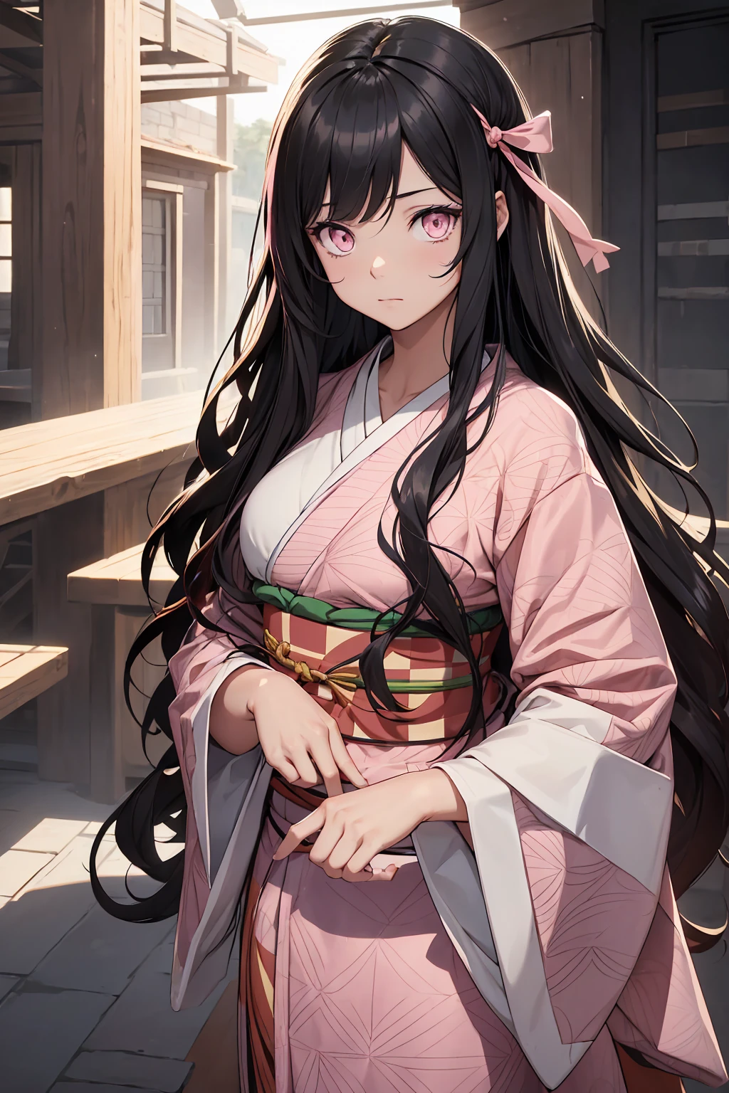 Browsing Caution　topless　Completely naked　Nezukokamado, Nezuko Kamado, Black Hair, (amount:1.5), Hair Ribbon, Long Hair, Multicolored Hair, (Pink Eyes:1.5), Orange Hair, Elongated pupils, Wavy Hair, Two-tone hair, break asa no ha (pattern), checkered sash, Haori, kimono, kimono, Long sleeve, heart, pink kimono, sash, wariza, Wide sleeves, break looking at viewer, break indoors, break (masterpiece:1.2), Highest quality, High resolution, unity 8k wallpaper, (shape:0.8), (Beautiful attention to detail:1.6), Highly detailed face, Perfect lighting, Extremely detailed CG, (Perfect hands, Perfect Anatomy),