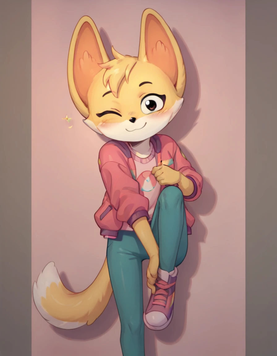 score_9, score_8_up, score_7_up, score_6_up, score_5_up, score_4_up, kit casey, fox, anthro, female, furry, solo, looking at viewer, pink jacket, shirt, blush, one eye closed, wink, winking, raised leg, standing, seductive