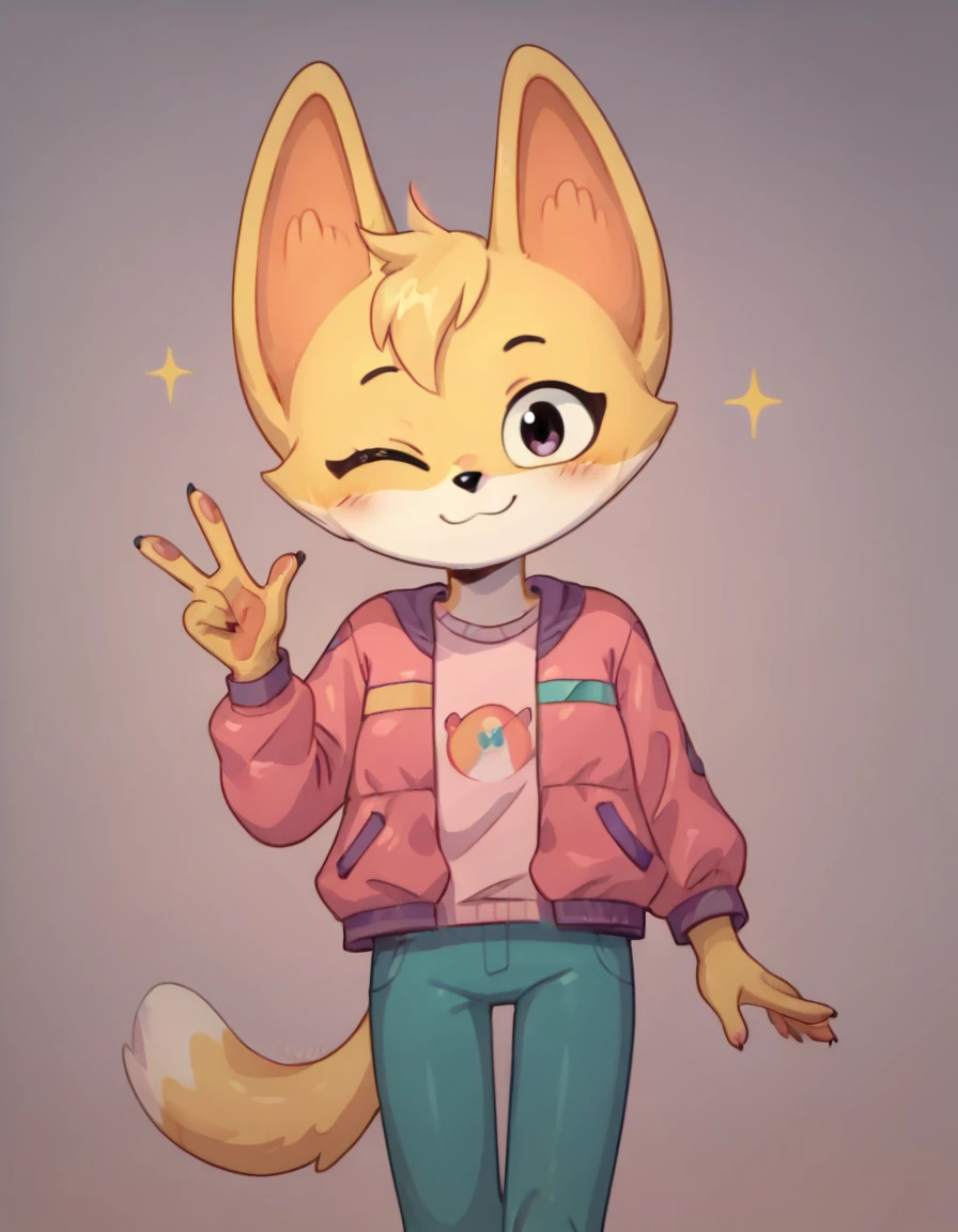 score_9, score_8_up, score_7_up, score_6_up, score_5_up, score_4_up, kit casey, fox, anthro, female, furry, solo, looking at viewer, pink jacket, shirt, blush, one eye closed, wink, winking, raised leg, standing, seductive