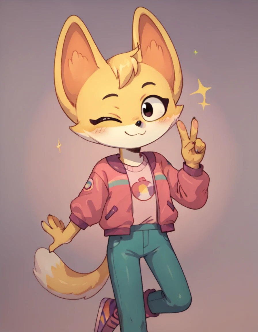 score_9, score_8_up, score_7_up, score_6_up, score_5_up, score_4_up, kit casey, fox, anthro, female, furry, solo, looking at viewer, pink jacket, shirt, blush, one eye closed, wink, winking, raised leg, standing, seductive