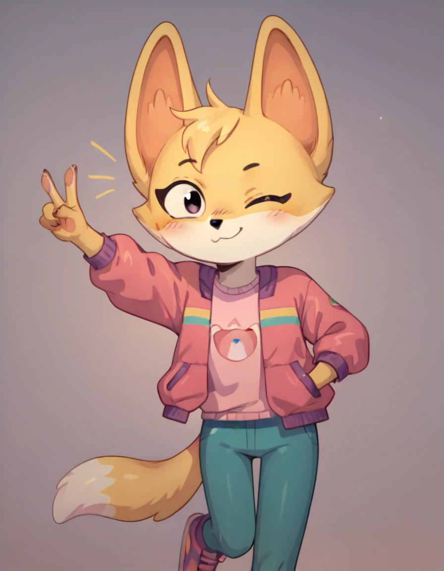 score_9, score_8_up, score_7_up, score_6_up, score_5_up, score_4_up, kit casey, fox, anthro, female, furry, solo, looking at viewer, pink jacket, shirt, blush, one eye closed, wink, winking, raised leg, standing, seductive