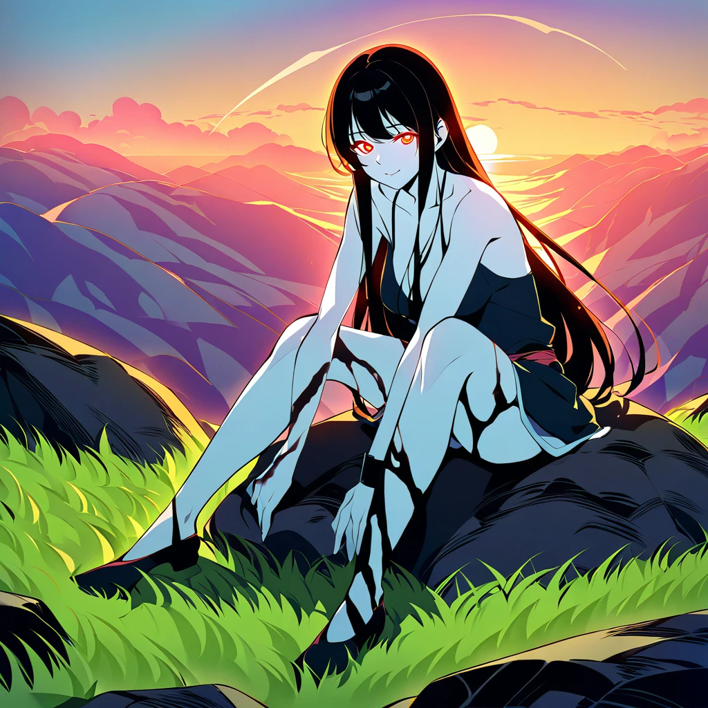 A woman with pale white skin, and completely red and glowing eyes. Her hair is long and black. She has long, sharp snakelike fangs, and her entire body appears to be decomposing, with some bones showing and slightly necrotic skin, although she is beautiful and well-muscled. She is sitting on a rock, on a green hill, and appears to be preparing poison in a glass bottle. She maintains a lively and cheerful expression as she does so. Very calm and cute mood.