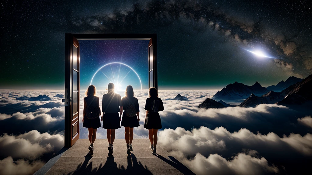 5 people walking towards an open divine door with a bright light coming from within in the cosmos, on top of the clouds, a long way to reach her, intricate detail, realistic image, dynamic lighting, hyperdetailed, ultra realistic, realisitc textures