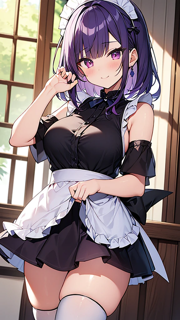 最high quality, high quality, Super detailed, 32k, Ultra-detailed details, Sister and maid, ( 立ってる, pretty girl, beautiful purple hair, ショートヘア, Beautiful purple eyes, Big Breasts, A light smile, Red eyes, Off-the-shoulder sleeveless Summer clothes, Summer casual maid clothes, Short skirt, Blue and white color striped underwear, Black knee socks, My crotch is wet with love juice, 18-year-old,cute), {{The succubus peels the skin off her sister's face, sticks it on her face, and seduces her by dressing her as a maid.}}, She has transformed from a shy maid into a lewd one., A maid with her sister's face stuck on her face is vigorously pistoning her body, A maid who moves her body vigorously without caring if her breasts bounce, Super detailed, Detailed sister photosが見える, Full body image, NSFW