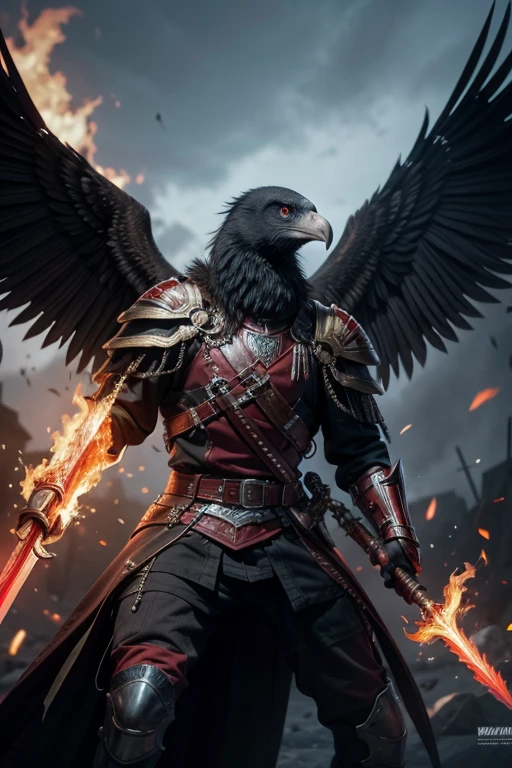 create an amanial vulture, with shield, and sword, with red and black colors with fire 