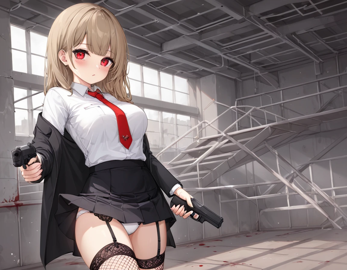 A shot that hit a gentleman in a full black suit in the head、Fresh red blood overflowing from the chest、fire a handgun、She lifts her skirt with both hands、Showing off cute white underwear.、Black garter belt、Black rough fishnet stockings、Plain white shirt with a red tie、Standing posture、Abandoned Factory