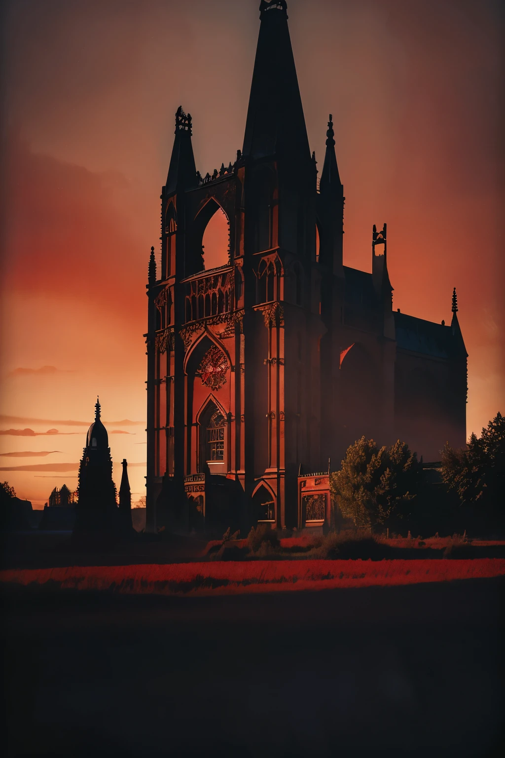 a hyperrealistic background of a field with blue sky, (blue skye: 0.5), red sky, ((red sky: 1.5)), ((realistic red sky)), clouds, ((realistic clouds)), and trees, ((gothic style: 1.5)), fashion style, (realistic background), (natural lighting:1.5), a realistic vampire gothic castle at the background, bats at the sky