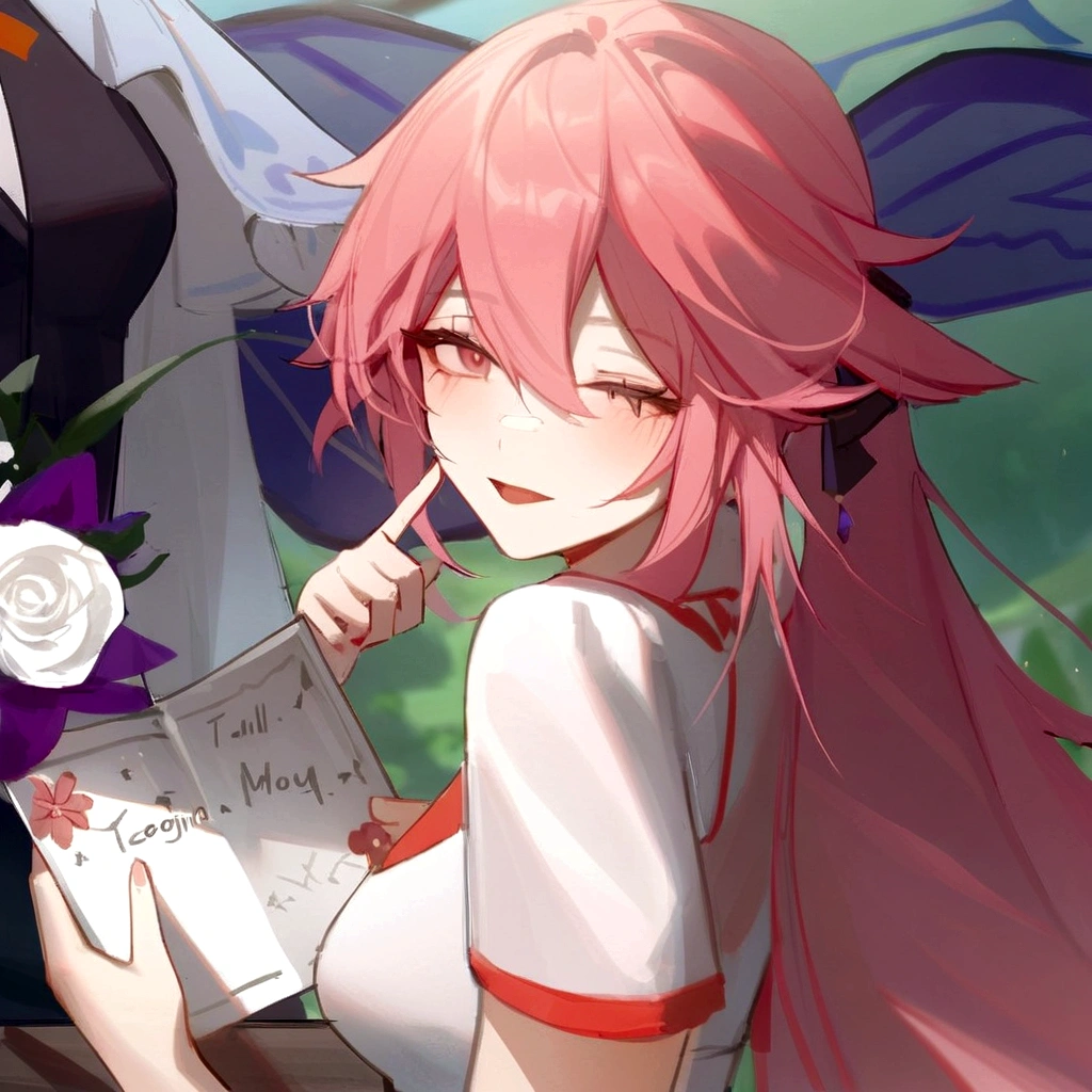 anime girl beautiful with long pink hair holding a note and a flower, ayaka genshin impact, yandere, genshin, haruno sakura, from arknights, guweiz, gapmoe yandere, yandere. tall, anime visual of a cute girl, ayaka game genshin impact, keqing from genshin impact, shirabii