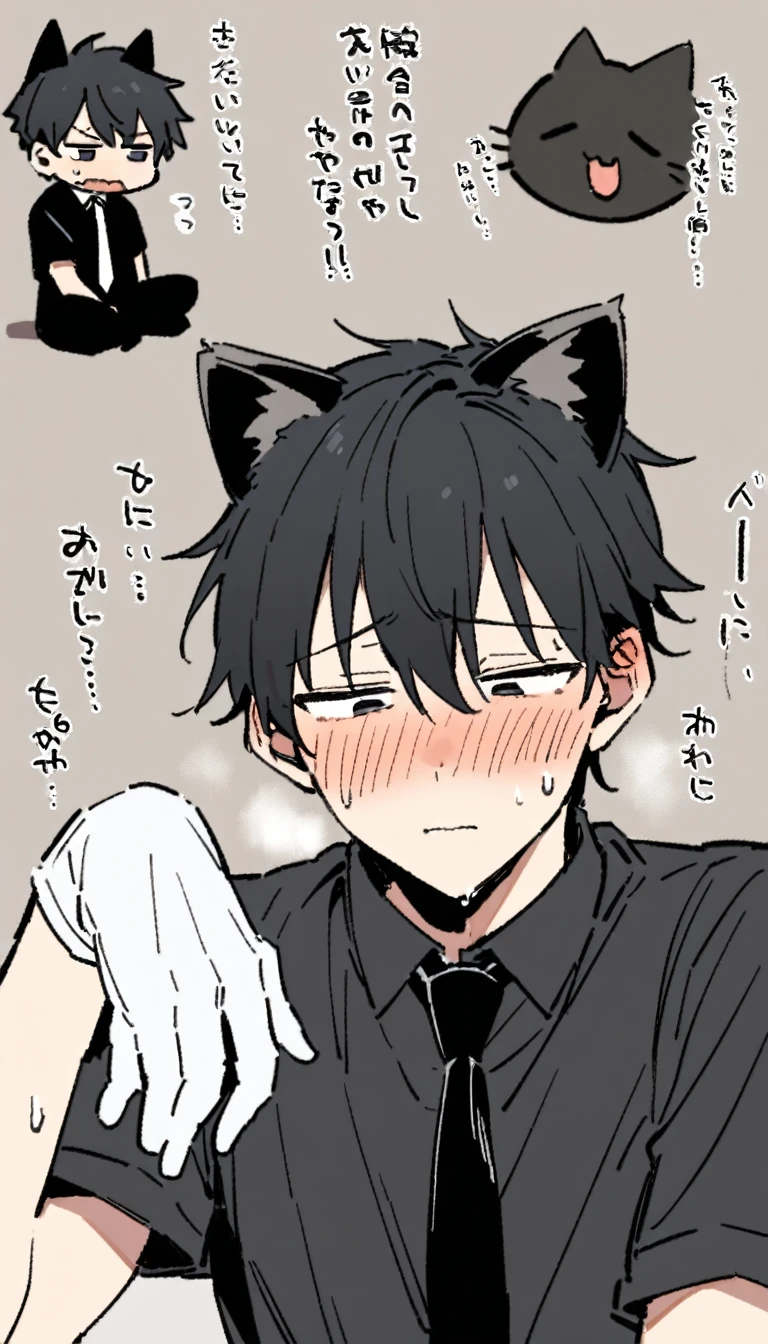 18-year-old boy,cute,Wear a white short-sleeved shirt and a black work tie,Wear black pants,Wear black booties,Wear white gloves,wear cat ear,Black hair,Black eyes,Handsome,Disdainful and cold expression,shy,blush,sweating