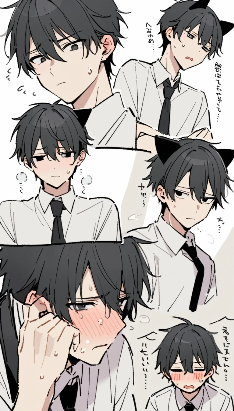 18-year-old boy,cute,Wear a white short-sleeved shirt and a black work tie,Wear black pants,Wear black booties,Wear white gloves,wear cat ear,Black hair,Black eyes,Handsome,Disdainful and cold expression,shy,blush,sweating