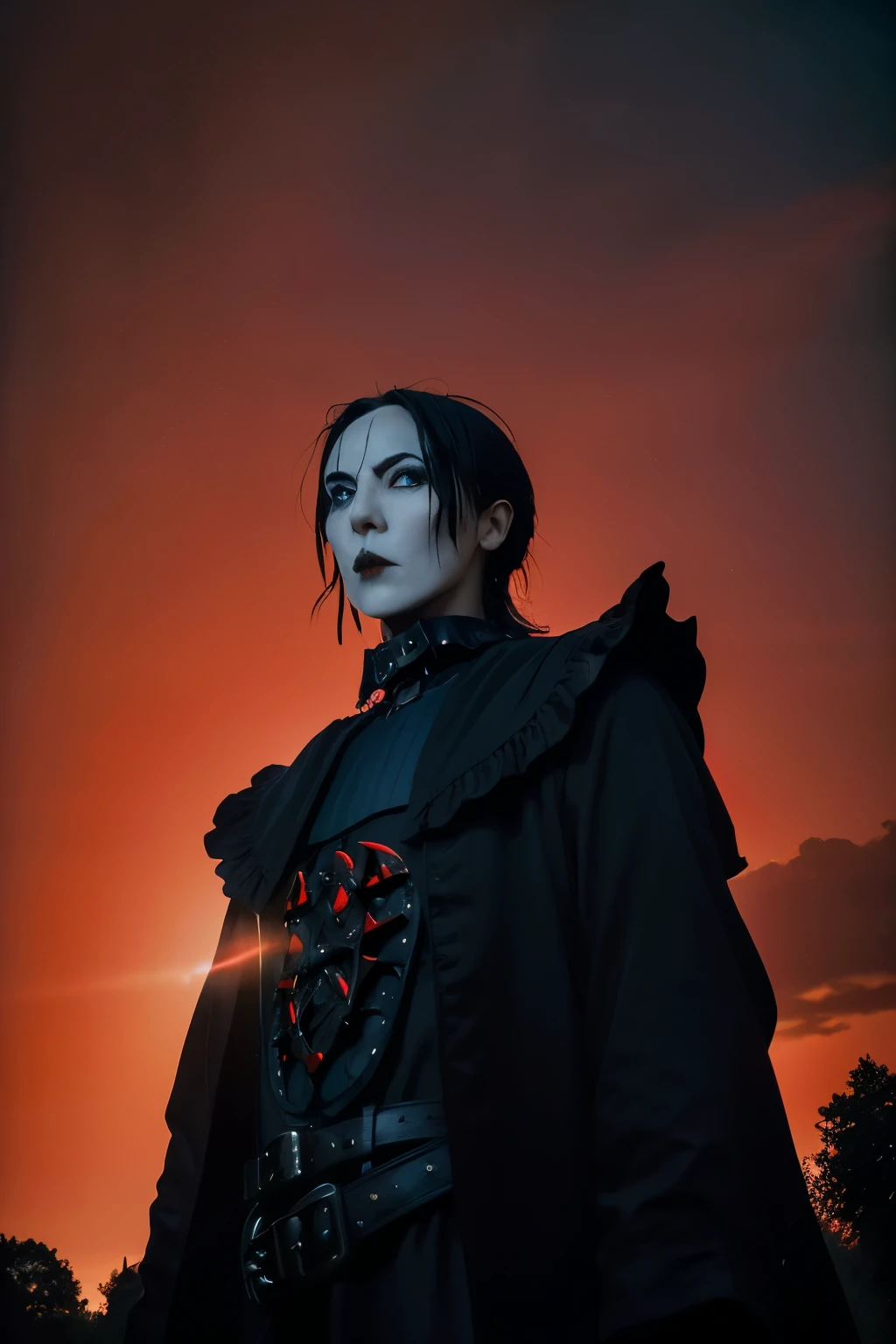a hyperrealistic background of a field with blue sky, (blue skye: 0.5), red sky, ((red sky: 1.5)), (realistic red sky), clouds, (realistic clouds), and trees, ((gothic style: 1.5)), fashion style, (realistic background), ((natural lighting:1.5))
