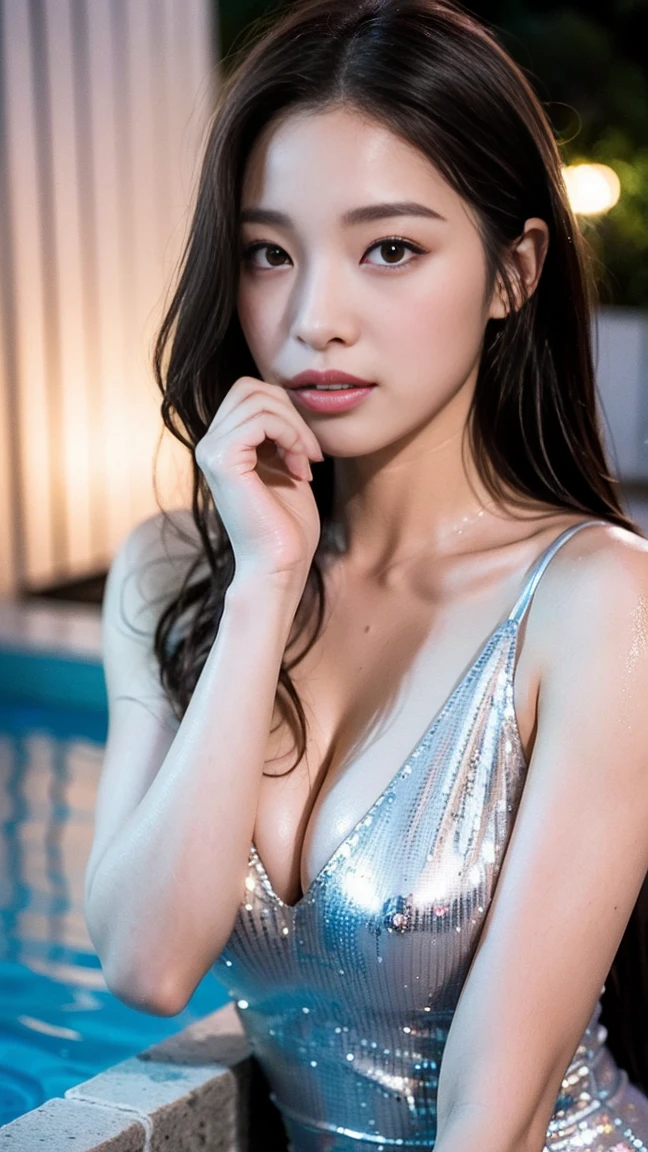 Dark brown hair、Light brown eyes、Japanese actress、 Lady、1 female、I am about 40 years old.....、(Intricate details:1.2)、(Which is the top???????:1.4)、 (Ultra-high resolution:1.2)、Ultra-high resolution、(Finely tuned)、(Detailed facial features)、Hmph、8K resolution、D cup size breasts、Long Hair、Jacuzzi on the terrace、Enter the jacuzzi、Wet Skin、Soaking wet hair、Wet shoulders、Wet bust、moonlight、リゾート感たっぷりのNight view写真、Head to toe shot、Blackpink Jenny、Beautiful feet、she, Fashion Hub, Very detailed, Very detailed, Realistic, Hourglass Shaped Body, Obscene pose、Please lift your chin a little、Open your mouth a little、Relax Pose、Are crying、Deep sorrow、、Get out of the water、The moment I step out of the jacuzzi I see you、Round Jacuzzi、Get out of the water体、Night view、