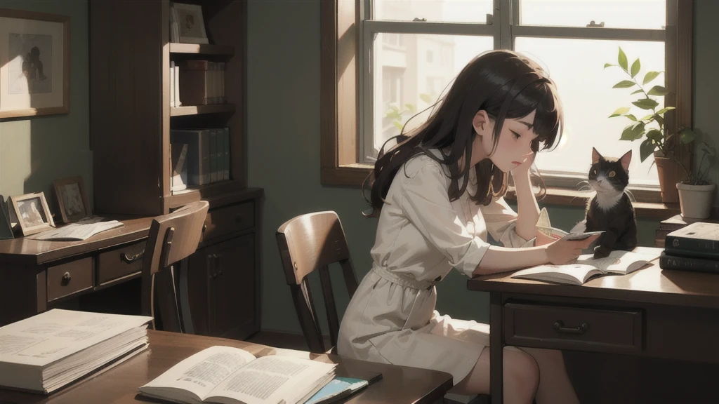 LOFI A woman is reading a book at a desk、there is a cat on the desk。Warm lighting The time is 11pm Dress relaxed Night view in the window A room filled with a few things