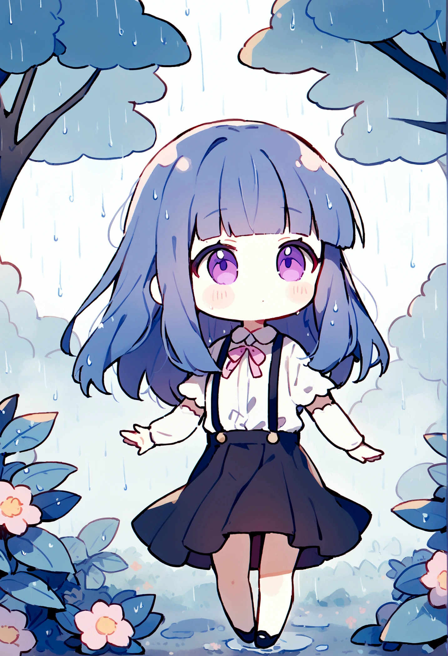 1 Girl, alone, Blue Hair, Purple eyes, Long Hair, blunt bangs, bangs, chibi, White shirt, Pink Ribbon, suspenders, Black Skirt, nature, forest, rain, wood々, Wet leaves, Girl, dress, dance, rotate, Floral Pattern, flowering, natureとの調和, Soft Light, fog, grace, mysterious, dream, romantic, rain滴