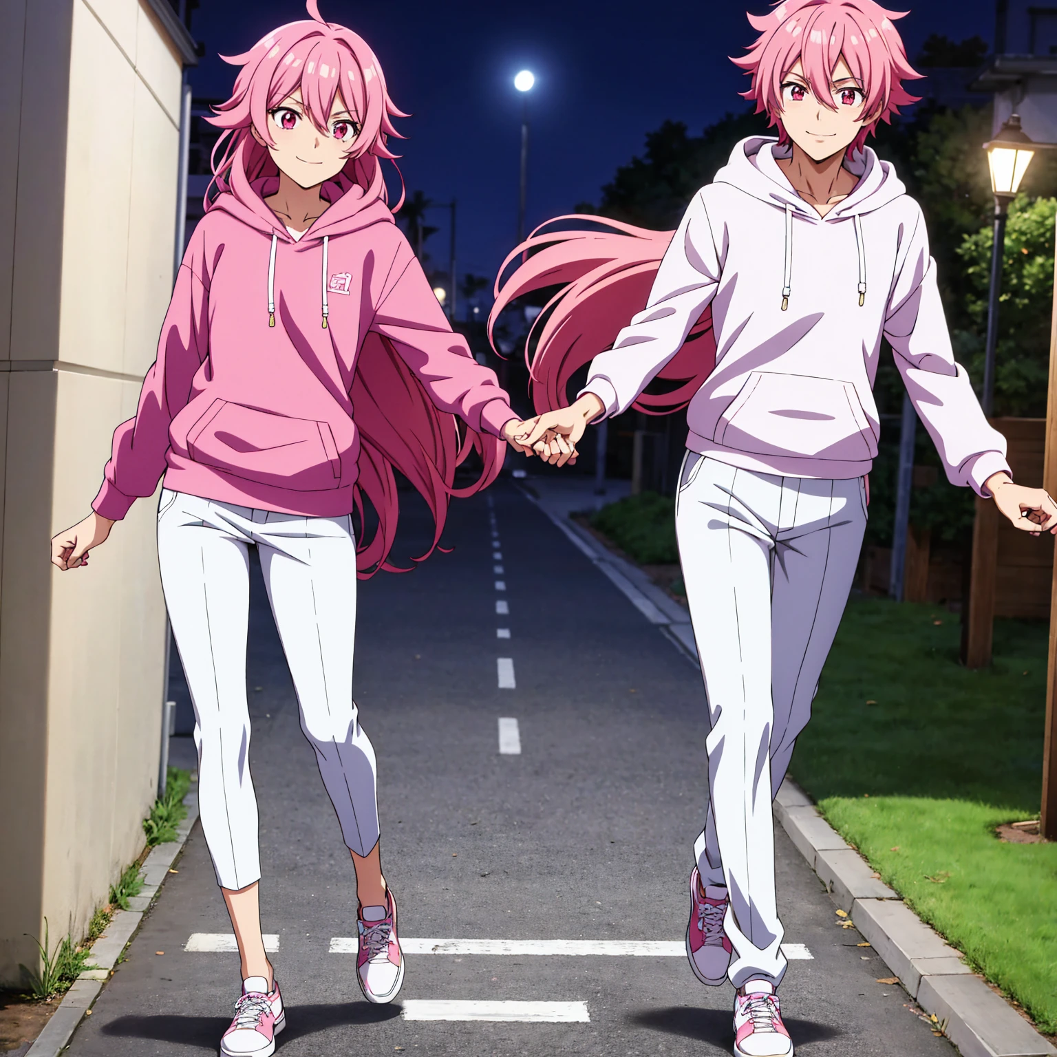 Male anime character, bright pink messy hair, bright red eyes, white hoodie, walking, evilly smiling, white pants, on a street, at night