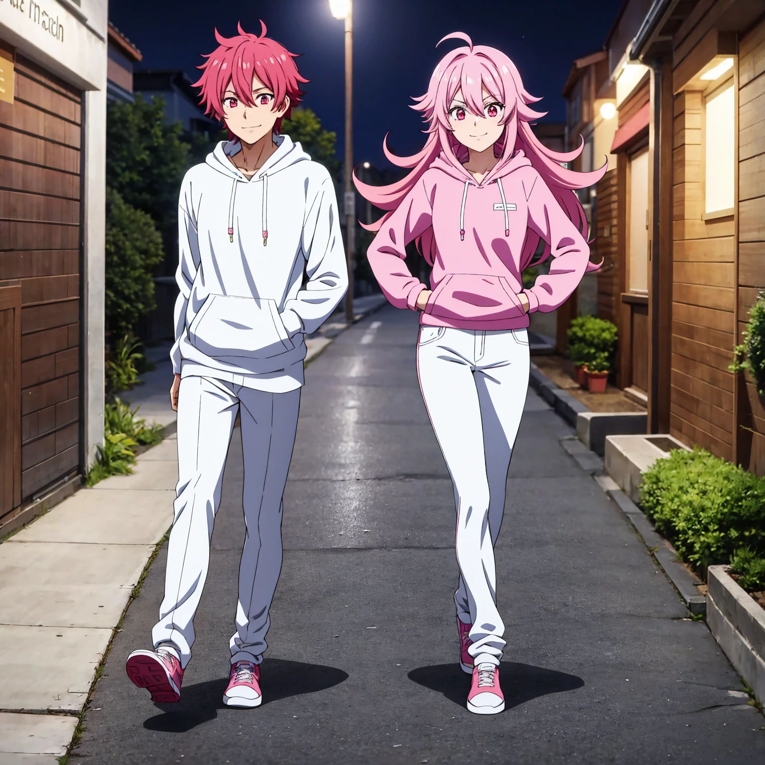 Male anime character, bright pink messy hair, bright red eyes, white hoodie, walking, evilly smiling, white pants, on a street, at night